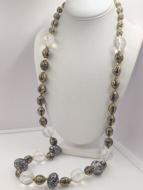Chunky Elegant Gold & Black Filigree Bead Necklace with Clear Accents